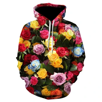 Trandafiri și flori înflorit 3D hanorac primăvara și toamna noi maneci lungi buzunar pulover bărbați și femei de moda casual tricou
