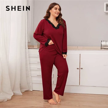 SHEIN Plus Dimensiune Dantela Bordo Tăiați partea de Sus și Pantaloni PJ Set Femei de Primavara Toamna cu Maneci Lungi V-neck Casual Pijamale Seturi de Pijama