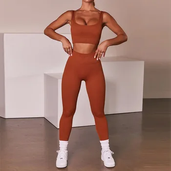 Noi Cu Nervuri Fără Sudură Yoga Set Tricotate Sexy Sport Set Căptușit Sutien De Sport De Înaltă Talie Jambiere De Yoga 2 Bucata Set Pentru Femei Haine De Antrenament