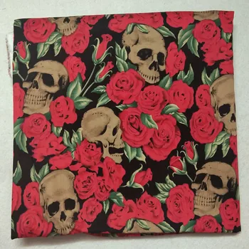 Vintage Punk se Răcească Înflorit Trandafir Rosu Floare Craniu Imprimate Bumbac Spandex Tesatura 50x105cm Elastic Elastic Craniu Tesatura Patchwo