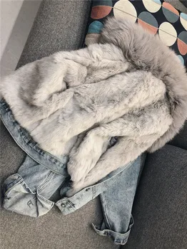 Autentic haină de blană de Moda Cald Real haină de Blană de Vulpe + Real Păr de Iepure Linie de Denim Sacou Feminin ciubuc Gros de Blană sacou F1725