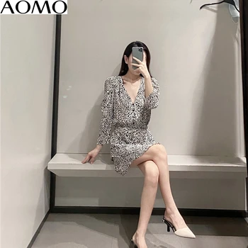 AOMO moda femei leopard de imprimare șifon rochie mini puff maneca lunga doamnelor de epocă rochie scurta vestidos 6A08A