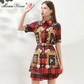 MoaaYina Designer de Moda Set de Primavara-Vara pentru Femei maneci Scurte Plaid Floral-Print Shirt Topuri+Ciucure Fusta Elegant set de Două piese