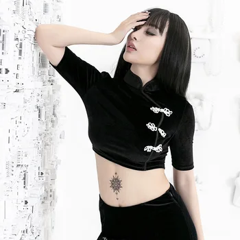 Fitshinling Stil Chinezesc Butoane De Catifea Tricou Femei Grunge Slim Crop Top Jumătate Maneca Harajuku Feminin De Moda T-Shirt 2019