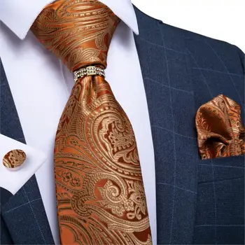 Oamenii Cravată Portocalie Aur Paisley de Nunta de Înaltă Calitate Cravată Pentru Bărbați Cravate Inel Batista Buton Cravată de Mătase Set DiBanGu de Afaceri JZ03-7277