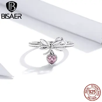 BISAER Real 925 Sterling Silver Bow Pink CZ Inele Pentru Femei Logodna Bine S925 Bijuterii Cadou ECR682