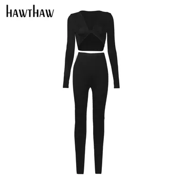 Hawthaw Femei Toamna Cu Maneca Lunga V Gât Topuri De Cultură Pantaloni Lungi Strâns Streetwear Două Seturi De Piese 2020 Toamna Haine Sport
