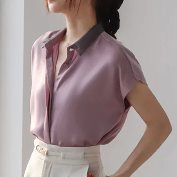 Femei Bluza De Vara 2020 Nou Bluze Din Satin Moda Stil Occidental Șifon Mâneci Scurte Design Ușor Și Subțire Decora Tricouri