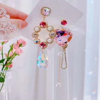 Moda Coreeană Asimetrice Inima De Cristal Lung Stras Picătură Cercei Pentru Femeile Elegante Dantela Bowknot Brincos Bijuterii