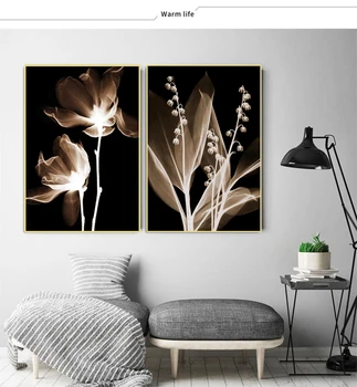 Nordic minimalist în alb și negru plante pictura pe panza flori moderne de artă de perete imprimare poster camera de zi de decorare