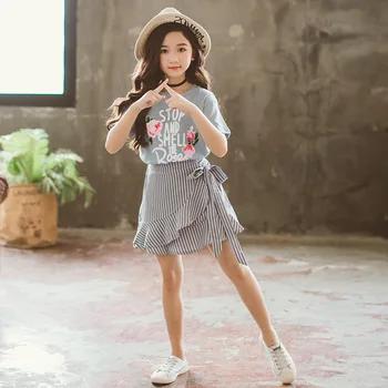 Fete Haine Copii Tinuta de Primavara Tinuta pentru Fete Crescut de Imprimare T-shirt Arc Dungi Fusta 2 buc Copii Haine de Fata Set Moda