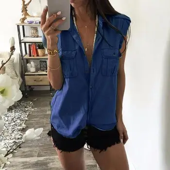 Nouă Femei de Moda Jean/Denim Tricouri de Vară fără Mâneci, Guler de Turn-down Topuri Chic T-shirt Femei Butoane Topuri Cu Buzunare