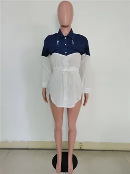 Maneca Lunga Mozaic Denim Tricouri Femei Rândul Său, În Jos Guler Buton Gaura Liber Topuri De Femei Streetwear Bluză Casual Camasa Plus Dimensiune