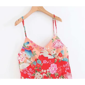 Vara Femei V-neck Spaghete Curea de Potrivire a Culorilor Florale Imprimate Dress Partea Plecăm Stil Japonez Direct de la Jumătatea vițel Rochie
