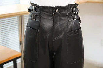 Real pantaloni de Piele cu Talie Înaltă Autentice din Piele de oaie pantaloni centura de sex feminin împletit din Piele de Oaie Adevărată Libertate Creion Pantaloni F2371