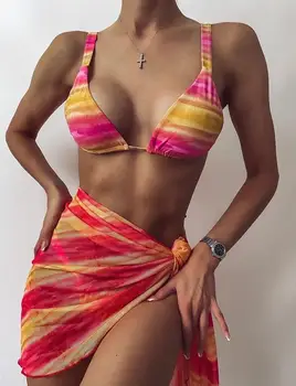 Sexy 3 Bucată De Costume De Baie Femei Tie Dye Împinge În Sus Căptușit Biquini Brazilian De Vară Costum De Baie Bikini 2021 Costume De Baie Femei Fusta