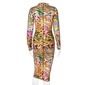 Viifaa Multicolor Print Leopard Club Elegant cu Maneca Lunga Halat Femei Rochii Midi Elastic Bodycon Rochie pentru Petrecere