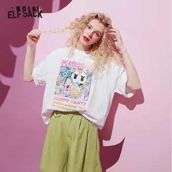 ELFSACK Verde Grafic de Imprimare Casual Harajuku Tricotate T-Shirt Femei de Vară 2020 ELF Alb cu Maneci Scurte coreean Doamnelor Top de zi cu Zi