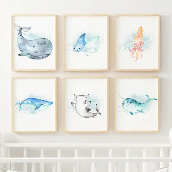 Balena Delfinii Caracatiță Rechin Arta De Perete Panza Pictura Desene Animate Nordic Postere Si Printuri De Perete Imagini Fată Băiat Decor Camera Pentru Copii