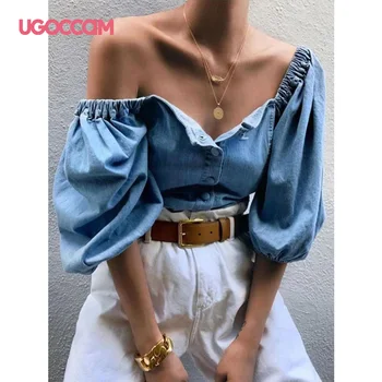 UGOCCAM Denim Bluza Femei Sexy V-neck de Pe Umăr Lantern Maneca Vara Butonul Topuri Si Bluza Casual Streetwear Toamna Tricou