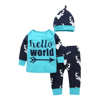 Nou-născut Hello World băieți Copii Haine Set Scrisoarea imprimate Topuri+Pantaloni+Pălării 3pcs Toddle Moda Băieți Fete haine tinuta