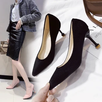 2019 Nou Birou Doamnă Pantofi de piele de Căprioară Faux Tocuri inalte Pantofi Femeie a Subliniat Toe Pantofi Rochie de Bază Pompe de Femei Barca zapatos mujer