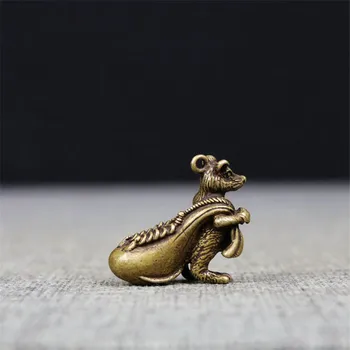 Antique Bronz Masiv Norocos Rat Statuie Breloc Pandantive Cupru Zodiac Mouse-Sac De Bani Figurine Ornamente Birou Feng Shui Decor