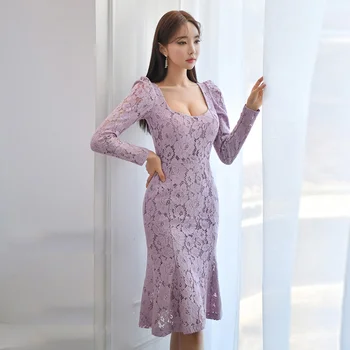 Violet dantelă-o singură bucată coreean femei Sexy cu Maneci lungi toamna gât pătrat office club de Noapte partid Rochie