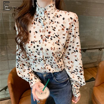 2019 Tricouri Imprimate Bluze Sexy Femei De Moda Cu Maneci Lungi Stil Coreean Design Guler Ciufulit Top Cu Print Floral Bluza Vintage