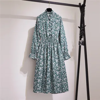 Moda Vintage Florale Femei Casual de Primavara Toamna Lady Stil coreean Sifon cu Maneci Lungi Midi Rochie Camasa pentru Za