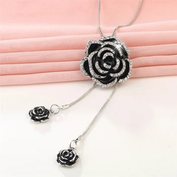 RAVIMOUR Flori de Trandafir Negru Colier Lung pentru Femei Declarație de Moda Coliere & Pandantive Argint de Culoare Lanț Cravată Bijuterii Noi