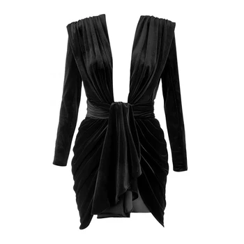Noi De Moda Rochie De Catifea Neagra, Sexy Profundă V-Neck Maneca Lunga Centura Club De Noapte Partid Rochie Bodycon Mini Vestidos De Primăvară 2020