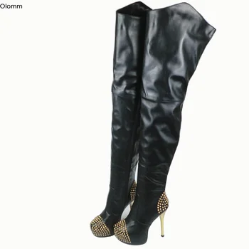 Olomm Femei Coapsei Cizme Înalte Tocuri Stiletto Cizme Sexy Stud Subliniat Toe Negri Superbi, Club de Noapte Pantofi Femei Plus Dimensiune SUA 5-15