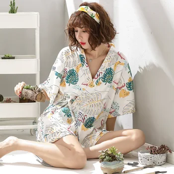 Kimono pentru Femei PyjamasSummer de Bumbac Mâneci Scurte, Două piese Japoneze Fete Sexy Pijama Set Tricouri Deschise Acasă se Potrivește Sleepwear