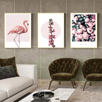 Nordic Flamingo Roz Valuri Flori Pictura Panza De Imprimare Imagine Poster De Arta De Perete Camera De Zi Dormitor Decor Acasă