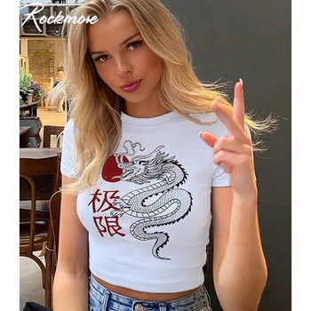 Rockmore Caracter Dragon Imprimat Cu Maneci Scurte O-Neck Crop Top Skinny Alb Casual Drăguț Topuri Pentru Femei Bază Tricouri Streetwear