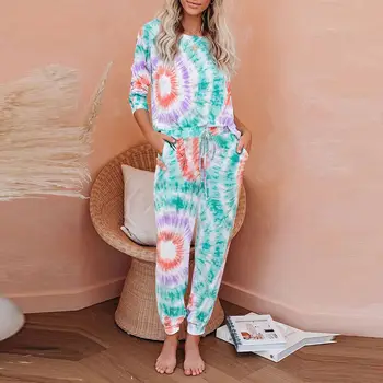 Femei Tie Dye Seturi de Pijama cu Maneca Lunga Topuri și Pantaloni Seturi de Body Două Bucăți Rotunde Gât Body Pijamale Pijamale