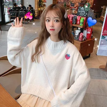 2019 Broderie Capsuni Coreean Femei Pulover Pulover Vrac Toamna Școală Dulce De Sex Feminin Pulovere