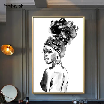Înfrumusețează Negru Și Alb Acuarelă Frumusete de Femeie Africană Poza Perete Pentru Camera de zi Decor Acasă HD Panza Pictura Poster Mare