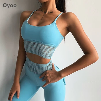 Oyoo roz 2 bucata yoga set trening albastru ochiurilor de plasă mozaic sport costum femei căptușit sutien de sport de fitness+ jambiere antrenament tinuta