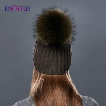 ENJOYFUR Moda Dungi Verticale Pălării de Iarnă Pentru Femei Cașmir Tricotate Pălărie de sex Feminin de Înaltă Calitate Blana Pom Pom de Toamnă Caldă Tudorache