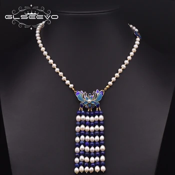 GLSEEVO Naturale de Apă dulce Pearl Ciucure Cravată Colier Pentru Femei Nuntă Cloisonne Fluture Etnice Colier Bijuterii GN0228