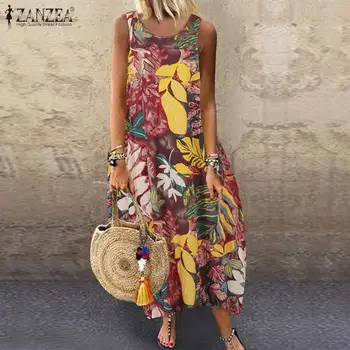 2021 ZANZEA Vara Femei Vintage Florale Imprimate Sundress Boeme Rochie Lunga de Plaja Vestido rochițe scurte fără mâneci Rochii fără Mâneci Plus Dimensiune