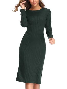 Femei toamna și iarna nou rotund gat buton cu mâneci lungi rochie tricot stretch Slim pulover fusta