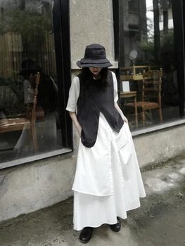 Întuneric Yamamoto stil negru asimetric guler rotund vesta de moda nișă designer Japonez stil vesta femei