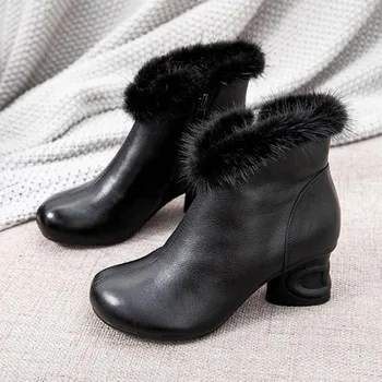 Femei cizme de iarna din Piele cu toc glezna cizme pentru Femei cizme cald cu bumbac, cizme scurte negre, tocuri papuceii topuklu bot boty