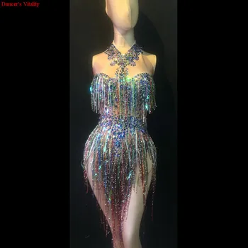 DS Franjuri Colorate Pietre Body Femei Scena de Dans Costum Dans Club de noapte de sex Feminin Cantareata Arata Luminos Tricou Dj haine