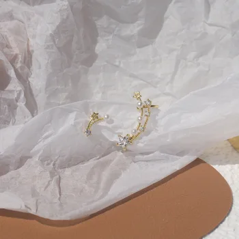 14k Aur veritabil Moda Bijuterii Cristal Stele Pearl Rafinat Asimetrice Cercei Stud pentru Femei Petrecere de Vacanță Elegant Cercel