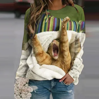 Tricou Pentru Femei Casual Cat Imprima O Varietate De Stiluri Termică Maneca Lunga T-shirt Vrac Plus Dimensiune Hoodie Camiseta Mujer