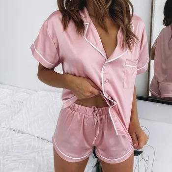 Oeak 2021 Noi De Primavara-Vara Pentru Femei Faux Pijamale De Mătase Set Simplu Culoare Pură De Agrement Cu Buzunare Pijamale Mâneci Scurte Sleepwear